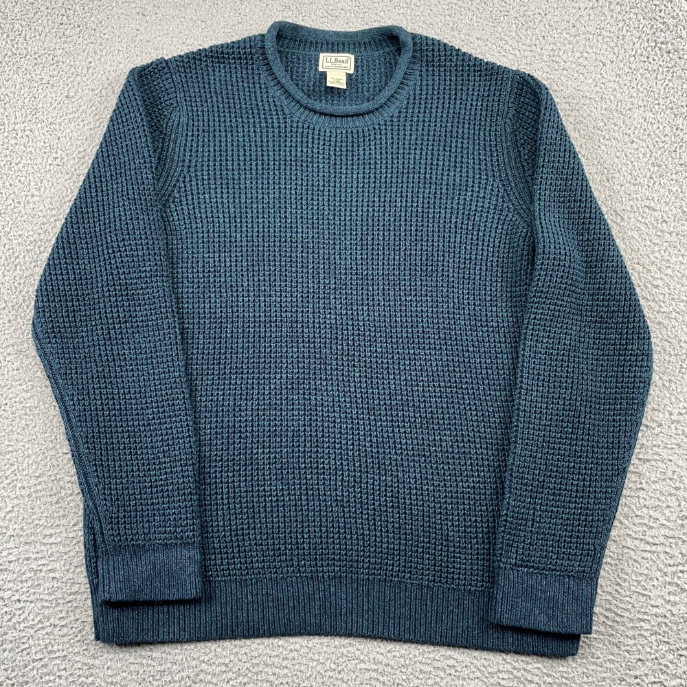 LL Bean Sweater Mens L Blue Organic Cotton Waffle Knit Roll Neck Crew
